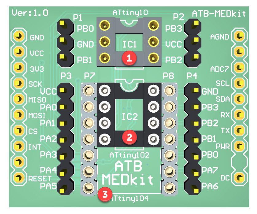 ATB-MEDkit Tiny Developement Board 7 Podstawki DIP montaż mikrokontrolerów W module ATB MEDkit osadzono trzy rodzaje podstawek DIP. Na rysunku poniżej są to kolejno: 1.