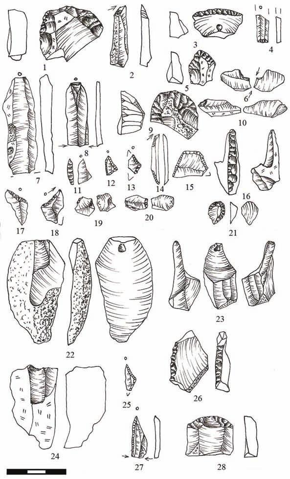 [202] Ryc. 8. Fig. 8. Mszano, gm. Brodnica, woj. kujawsko-pomorskie, stanowisko 14. Próba III. Półsurowiec, narzędzia i zbrojniki w układzie zbliżonym do zalegania w warstwach bezceramicznych (rys. F. Marciniak) Mszano, Brodnica district, Kujawsko-Pomorskie Voivodeship, site 14.