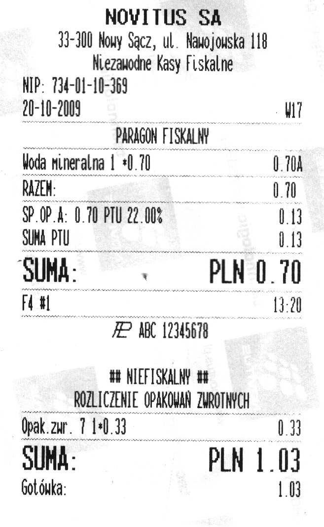 11. Przykładowe wydruki z kasy 11.1. Paragon fiskalny Przykładowy wygląd paragonu fiskalnego z kasy. Paragon wraz z rozliczeniem opakowań zwrotnych.