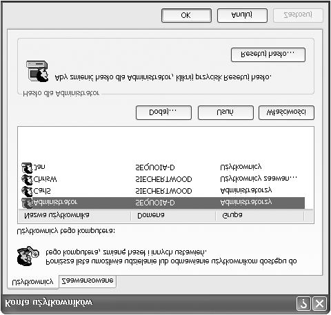 100 Czêœæ I: Konfiguracja, uruchamianie i usprawnianie systemu Zaawansowane opcje konfiguracyjne kont Windows XP u ywa czterech ró nych interfejsów do zarz¹dzania u ytkownikami i grupami: Konta u
