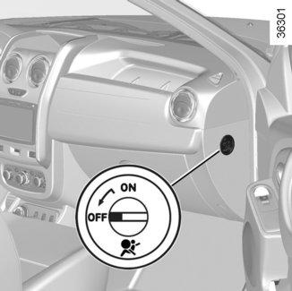 BEZPIECZEŃSTWO DZIECI: odłączanie, włączanie przedniej poduszki powietrznej pasażera (1/3) 1 2 Odłączanie przedniej poduszki powietrznej pasażera (zależnie od wersji pojazdu) W celu zainstalowania