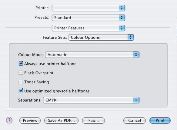 MAC OS X 1. Wybierz menu [Plik] [Drukuj]. 1 2 3 4 2. W menu drukarki (1) wybierz model drukarki. 3. Wybierz menu [Funkcje drukarki] (2). 4. W menu [Zestawy funkcji] (3) wybierz polecenie [Opcje kolorów].