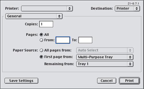 MAC OS 9.X 1. Wybierz menu [Plik] [Drukuj]. 1 2 3 4 2. W menu [Drukarka] (1) wybierz model drukarki. 3. Wybierz menu [Ogólne] (2).