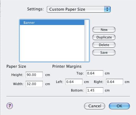 MAC OS X 1. W aplikacji wybierz menu [Plik] polecenie [Ustawienia strony]. 1 2 3 4 2. Wybierz menu [Niestandardowy rozmiar strony] (1). 3. Kliknij przycisk [Nowy] (2), aby zdefiniować nowy rozmiar papieru, i wprowadź jego nazwę.