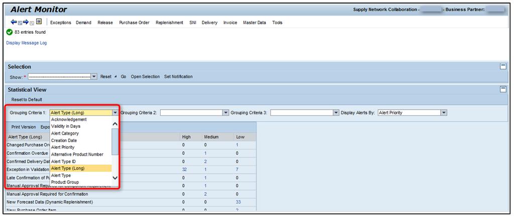 Korzystanie z widoku statystycznego (Statistical View) w module SAP SNC W oknie widoku statystycznego