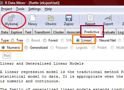 Krok 12: Odczytaj z okna programu odpowiednie dane dotyczące zbudowanego modelu regresji: Równanie regresji oraz współczynnik determinacji.