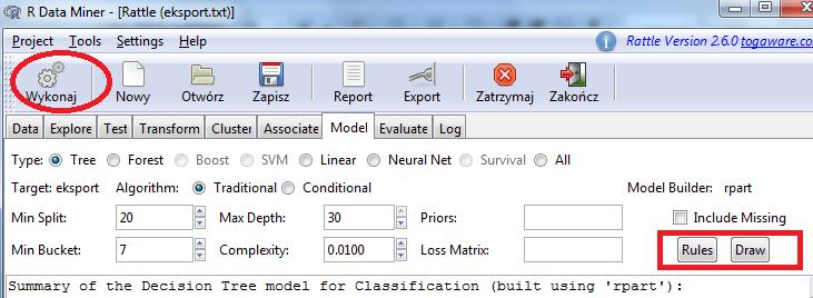 txt przejdź do zakładki Model albo predictive (w zależności od wersji narzędzia Rattle) i wybierz odpowiednią opcję jak na rysunku poniżej: