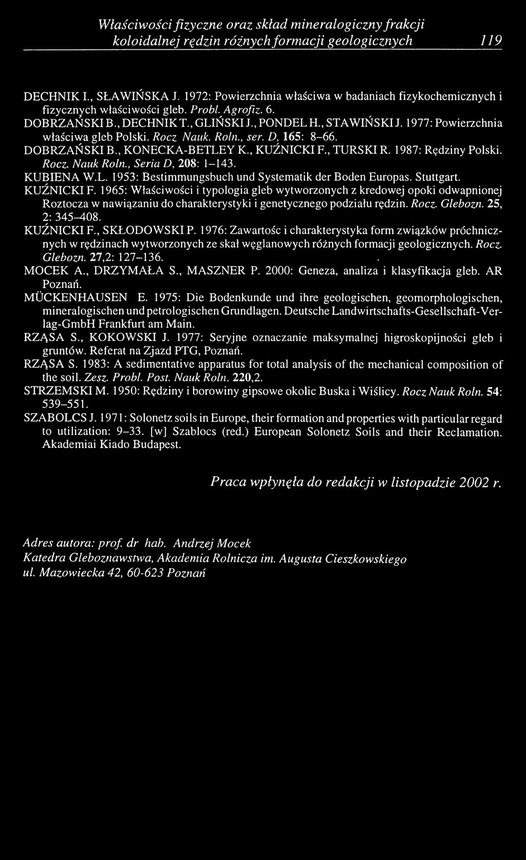 1977: Powierzchnia właściwa gleb Polski. R oczn auk. Roln., ser. D, 165: 8-66. DOBRZAŃSKI B., KONECKA-BETLEY K., KUŹNICKI F., TURSKI R. 1987: Rędziny Polski. Rocz. Nauk Roln., Seria D, 208: 1-143.