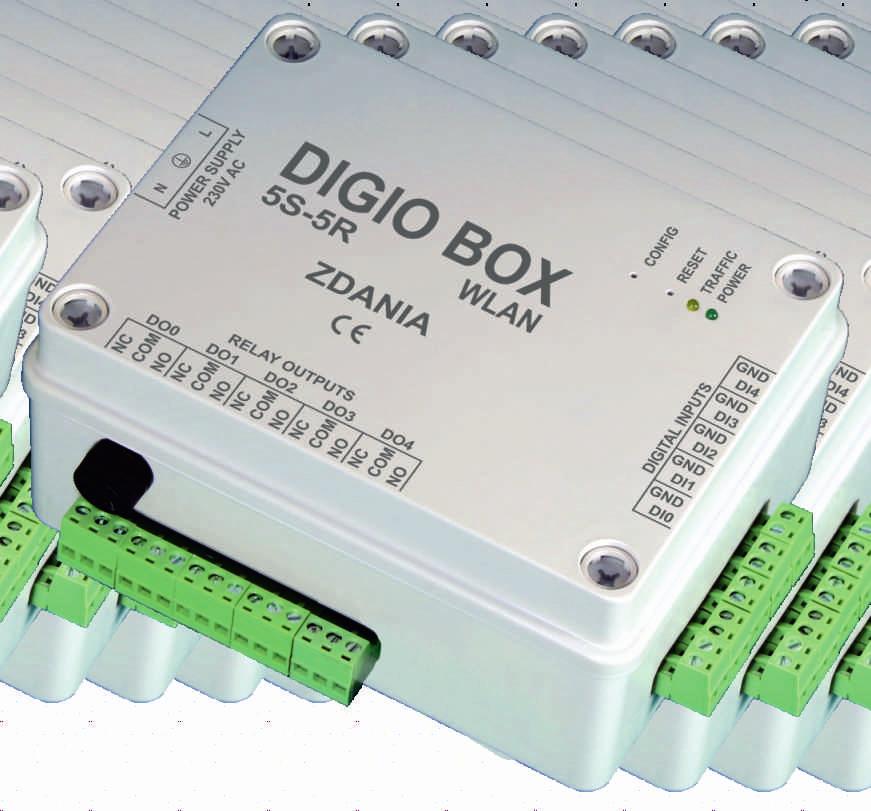 DIGIO BOX 5S-5R Bezprzewodowy moduł wejść i wyjść dwustanowych dla IoT Charakterystyka Moduł DIGIO BOX 5S-5R / WLAN jest urządzeniem przeznaczonym do zastosowania w systemach zrealizowanych w oparciu