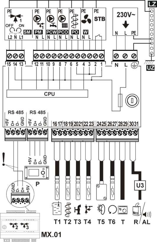 13 Schemat elektryczny. Rys nr 10. Opis połączeń sterownika kotła GRANT: T1-czujnik temperatury kotła; 2-czujnik temperatury podajnika paliwa; T3-czujnik temperatury C.W.