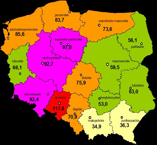 Polska 73,4 kg/ha UR Zużycie N w kg/ha UR (średnio 2010-2012) kg N ha -1 UR < 50,0 50,0 70,0 70,1 90,0 90,1 110,0 > 110,0