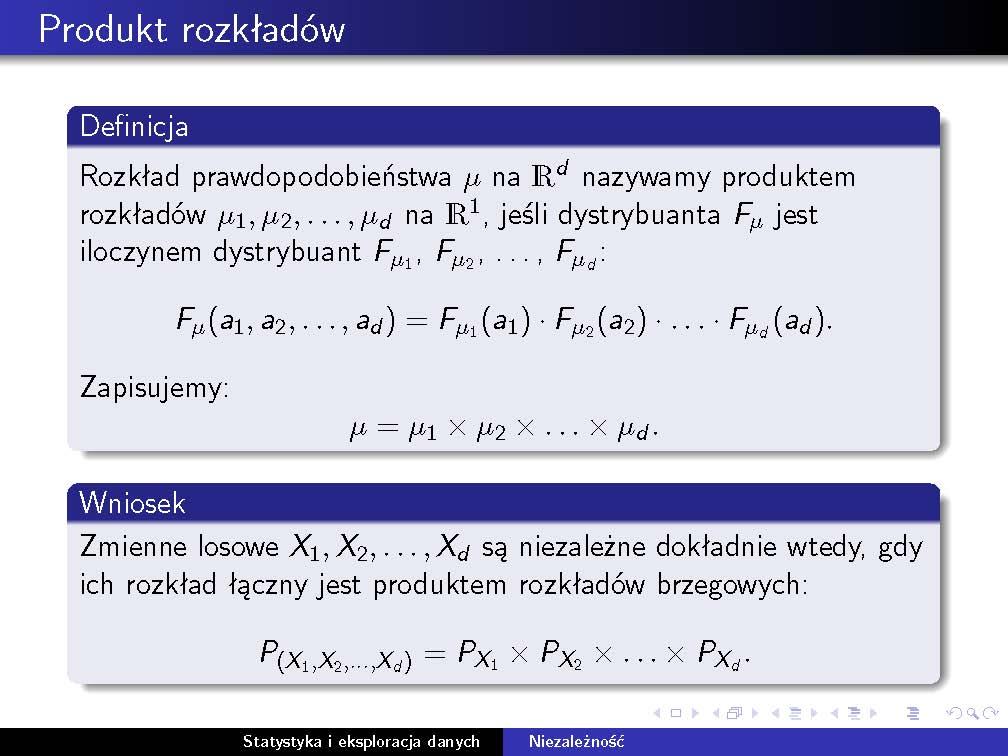 22 4. Niezależność Kryteria niezależności 4.3 Twierdzenie Zmienne losowe X 1, X 2,..., X d są niezależne wtedy, i tylko wtedy, gdy dla dowolnych liczb a 1, a 2,.