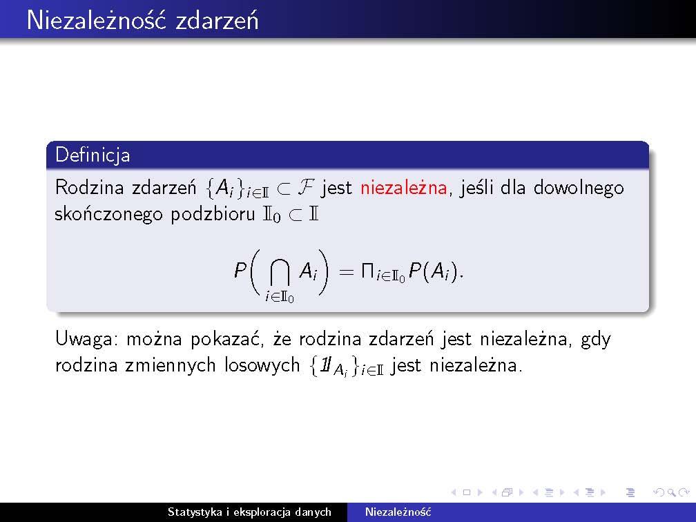 Niezależność zdarzeń 23 4.5 Twierdzenie (Niezależność dyskretnych zmiennych losowych) Niech rozkłady zmiennych X 1, X 2,..., X d będą dyskretne. Zmienne losowe X 1, X 2,.