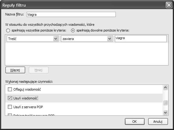 144 Świat według Mozilli. Thunderbird Rysunek 6.2. reguły etap drugi Rysunek 6.3. reguły etap trzeci Kolejną czynnością, jaką musisz wykonać, jest określenie obszaru działania reguły.