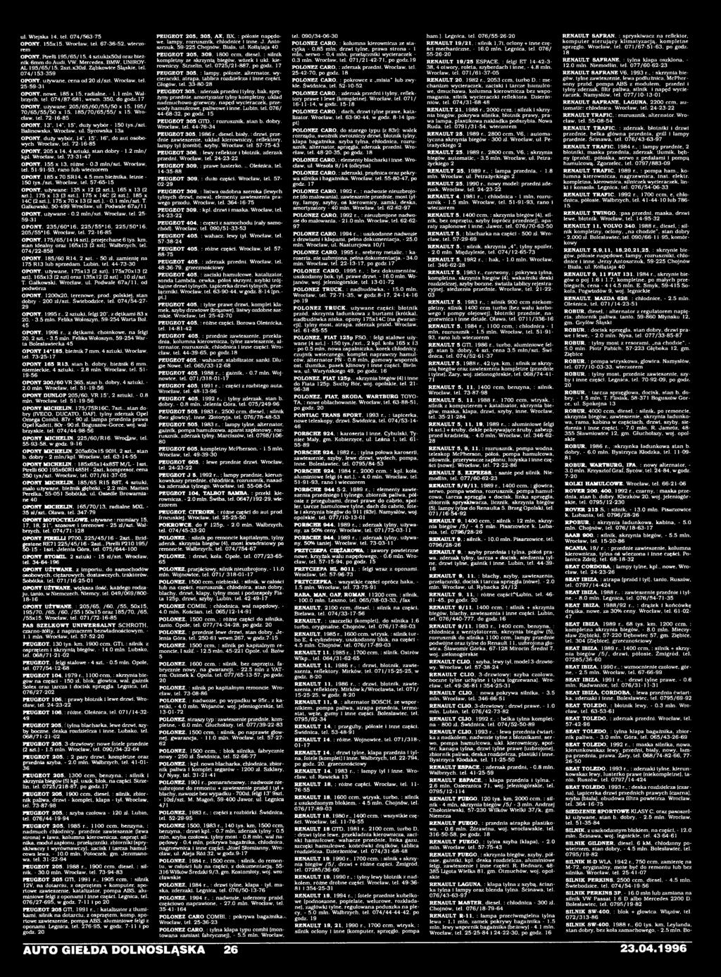 Wrocław, tel. 51-91-93. rano lub wieczorem OPONY. 185 x 70 SR 14. 4.5 mm bieżnika, letnie - 150 tys./szt. Wrocław, tel. 57-65-15 OPONY, używane: 135 x 12 (2 szt.). 165 x 13 (2 szt.). 175 x 13 (3 szt.