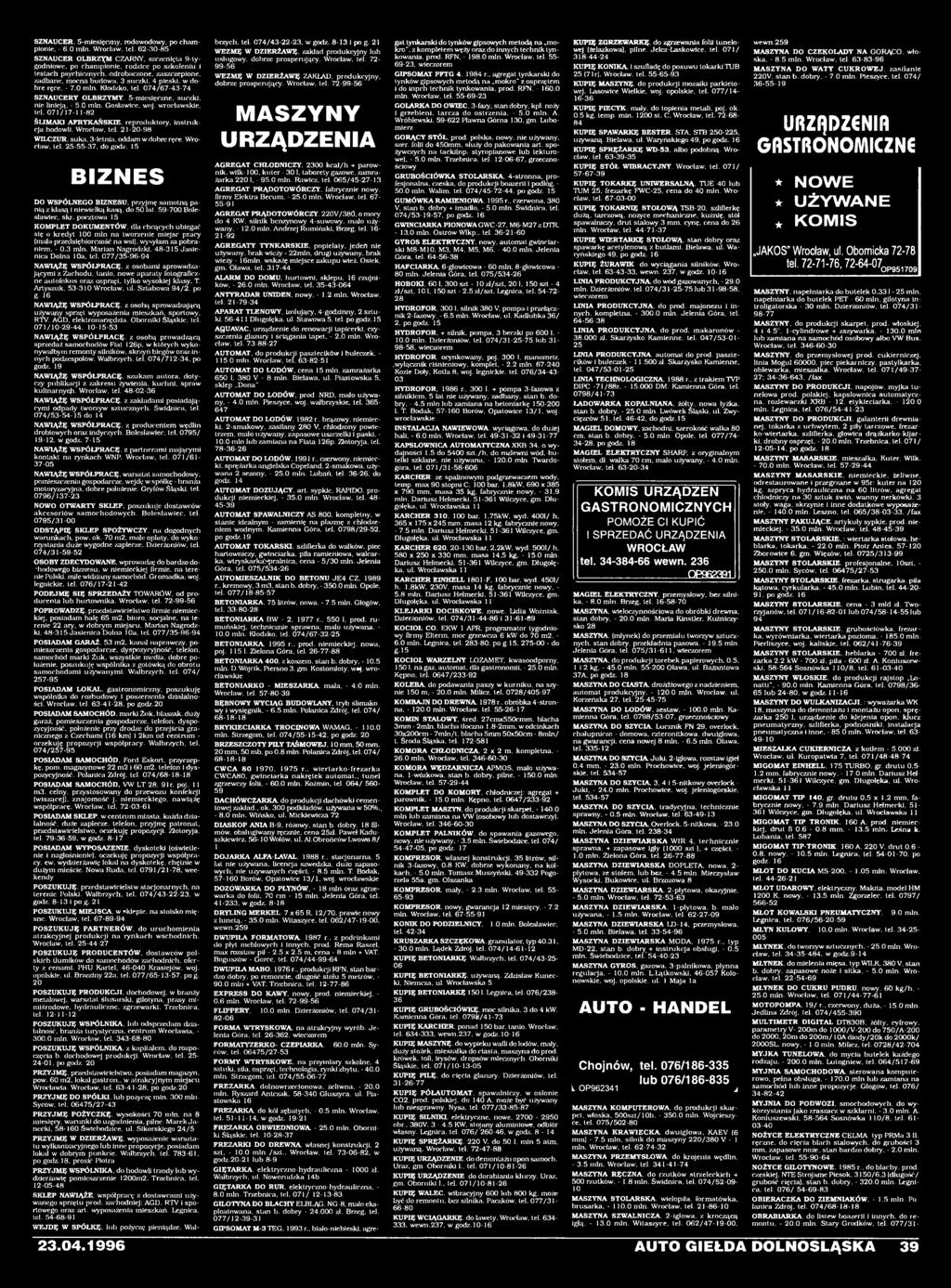 wrocławskie, tel. 071/17-11-82 ŚLIMAKI AFRYKAŃSKIE, reproduktory, instrukcja hodowli. Wrocław, tel. 21 --98 WILCZUR, suka. 3-letnia, oddam w dobre ręce. Wrocław. tel. 25-55-37, do godz.