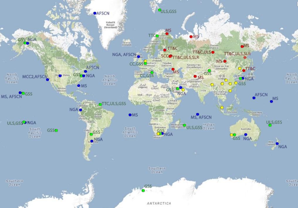 Rysunek 9: Stacje segmentów naziemnych GNSS [na podstawie De Smet P., 2009; He L., Ge M., Wang J., Wickert J., Shuh H.