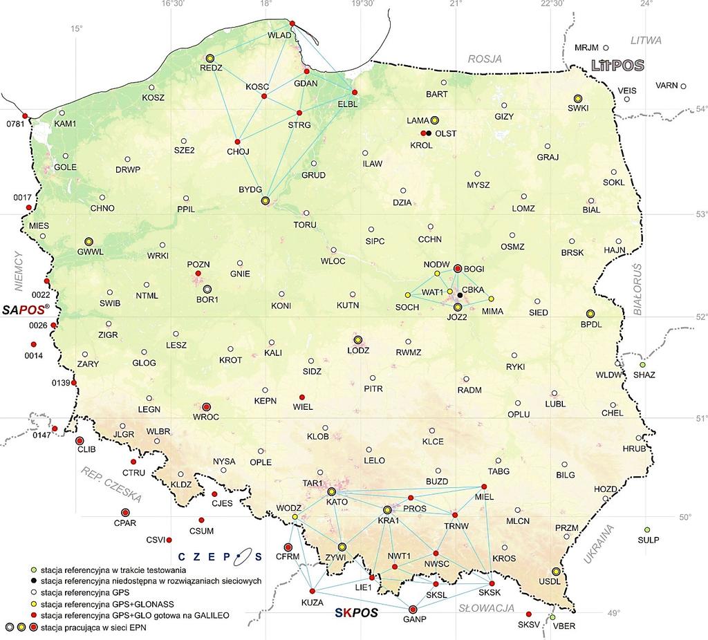 Rysunek 23: Rozmieszczenie stacji EUPOS w Polsce i terenach przygranicznych z uwzględnieniem podsieci GPS+GLONASS [oficjalny portal ASG-EUPOS, dostęp 5.07.2014r.