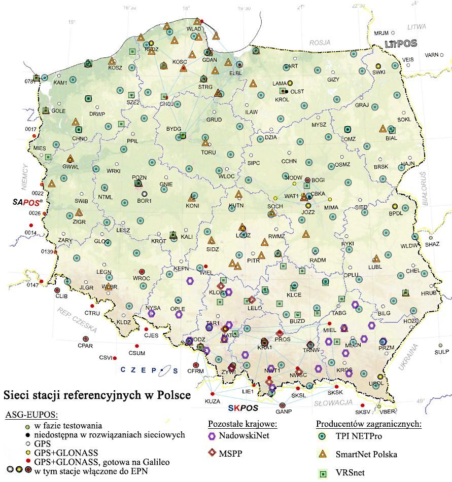 Rysunek 24: Rozmieszczenie stacji poszczególnych sieci referencyjnych w Polsce. 1.3.2.Sieci międzynarodowe Prywatne systemy stacji referencyjnych, będących alternatywą dla ASG-EUPOS są w Polsce bez wyjątku na etapie wdrożenia oraz testów.