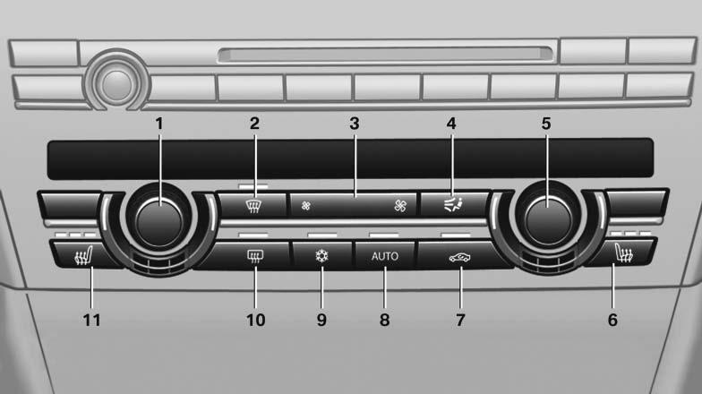 Klimatyzacja Klimatyzacja Automatyczna klimatyzacja 1 Temperatura, z lewej 2 Usuwanie lodu i pary 3 Siła nawiewu, zapas ciepła 4 Rozdział powietrza 5 Temperatura, z prawej 6 Ogrzewanie fotela*, z