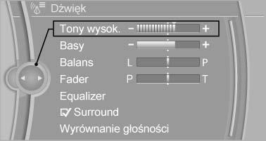 Tony wysokie, tony niskie, funkcja Balance, funkcja Fader "Balans": balans głośności lewo/prawo. "Fader": balans głośności przód/tył.