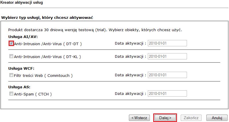 1 Licencja testowa Wybierz opcję Wersja testowa i kliknij przycisk Dalej.