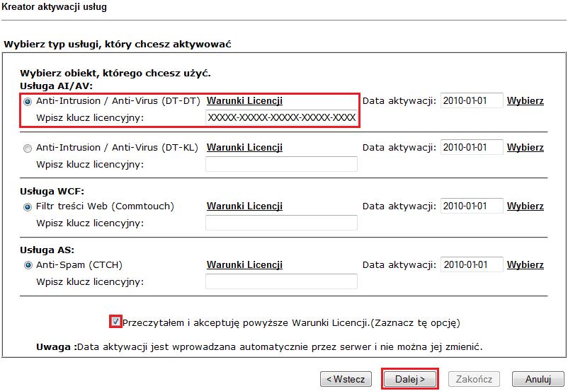 Zaznacz usługę Anti-Intrusion/Anti-Virus(DT-DT),