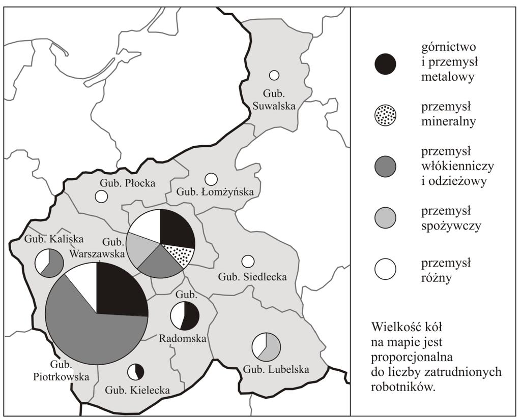Žemėlapis 18 užduočiai Lenkijos Karalystės pramonė apie 1910 metus kalnakasyba ir metalurgija mineralų pramone siuvimo ir audimo pramonė maisto pramone įvairi pramonė Skritulių dydis žemėlapyje yra
