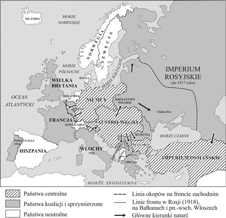 Žemėlapis 20 užduočiai Europa Didžiojo karo metu, 1914 1918 Centrinės valstybės Koalicijos valstybės ir valstybės sąjungininkės Neutralios valstybės Apkasų linija vakarų fronte Fronto linija Rusijoje
