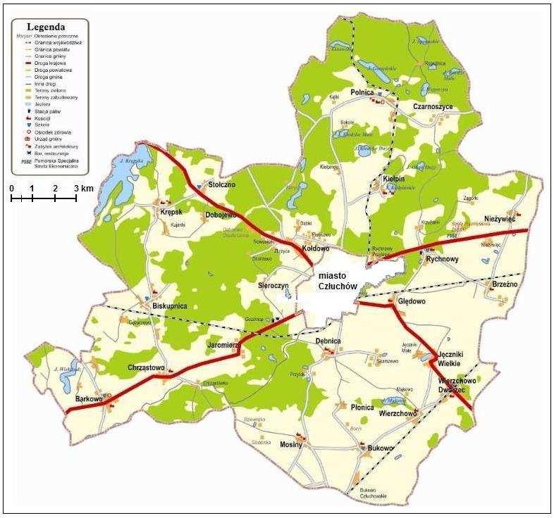 Mapa 2. Układ komunikacyjny gminy Człuchów. Źródło: Program Ochrony Środowiska Gminy Człuchów na lata 2010-2013 z perspektywą, 2009. III.2. Demografia Według danych z Głównego Urzędu Statystycznego (dalej GUS) gminę wiejską Człuchów zamieszkuje 10 819 osób (stan na 31.