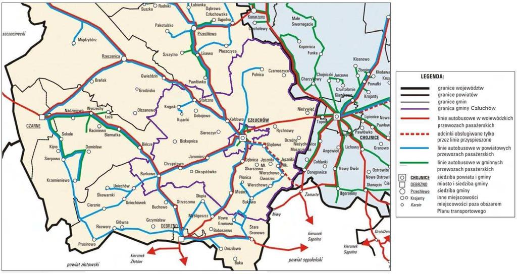 Mapa 3. Schemat linii autobusowych na obszarze gminy Człuchów w 2014 roku.