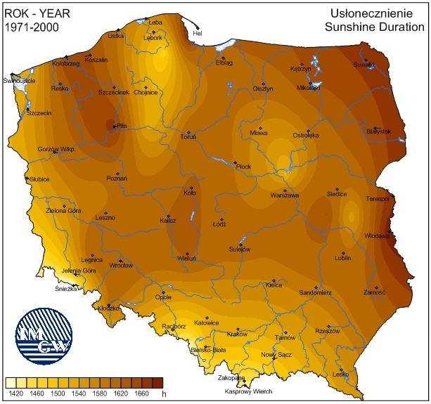 Mapa 9. Roczne wartości usłonecznienia w Polsce w latach 1971-2000.