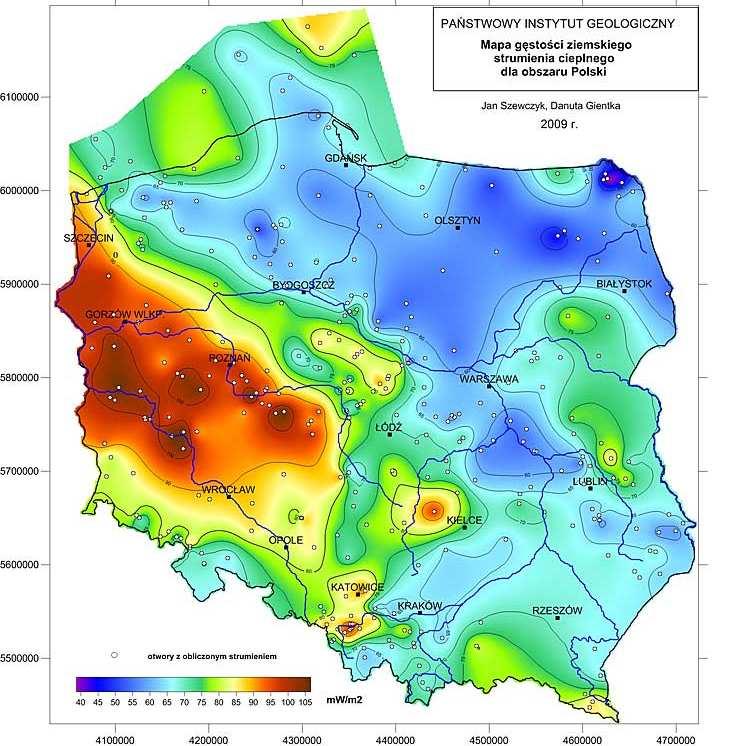 Mapa 10. Rozmieszczenie i gęstość strumienia cieplnego w Polsce w 2009 roku. Źródło: Państwowy Instytut Geologiczny, www.pgi.gov.