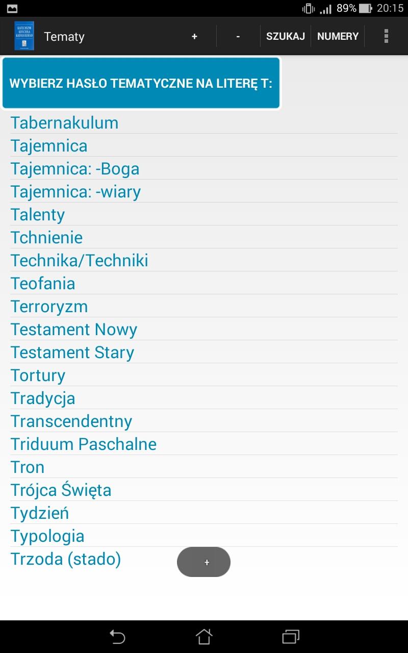 Po wybraniu pierwszej litery hasła tematycznego, np. T, pojawia się ekran Tematy z listą haseł odpowiadających dokonanemu wyborowi.