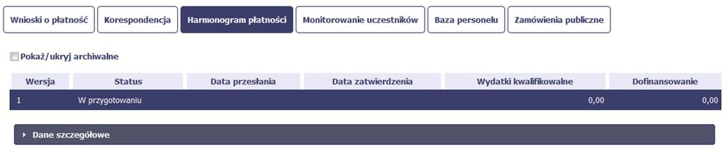 Po wyborze tej funkcji system inicjuje tabelę w sekcji