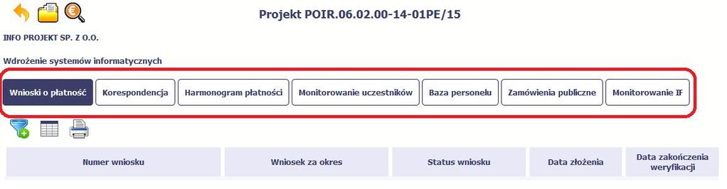 W dolnej części znajdują się zakładki odpowiadające poszczególnym