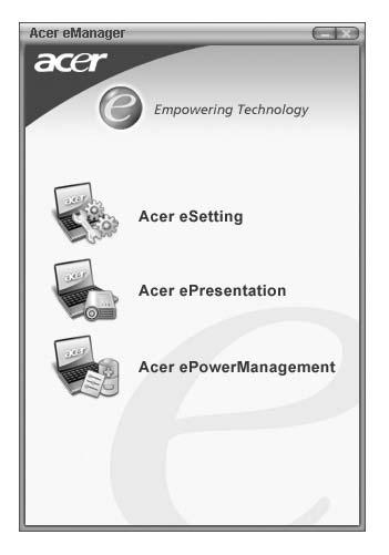 48 2 Dostosowanie komputera Używanie systemowych programów narzędziowych Acer emanager Program Acer emanager (emenedżer) jest innowacyjnym rozwiązaniem programowym przeznaczonym do obsługi często