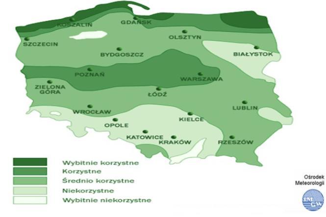 Rys. Warunki wykorzystania energii wiatru w Polsce Zakres pracy turbin wiatrowych zawiera się w przedziale prędkości wiatru od 5 do 25 m/s.