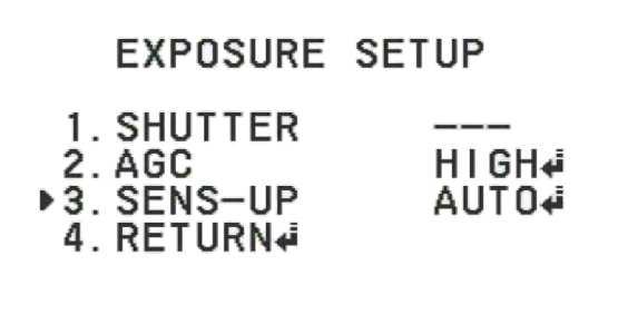 4.2.2 Ustawienia ekspozycji (EXOSURE) W podmenu EXPOSURE mamy możliwość dostosowania nastaw kamery takich jak SHUTTER, AGC i SENS-UP.