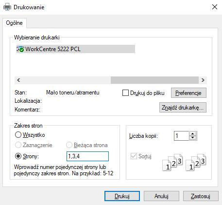 Drukowanie Opcje Zakres stron wydruku: Drukowanie