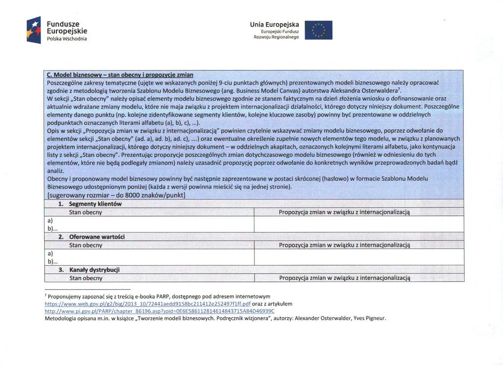 C. Model biznesowy - stan obecny i propozycje zmian Poszczególne zakresy tematyczne (ujęte we wskazanych poniżej 9-ciu punktach głównych) prezentowanych modeli biznesowego należy opracować zgodnie z