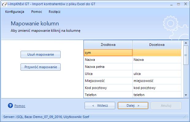 (rys. 12) Mapowanie kolumn W lewej części okna znajdują się przyciski (rys.