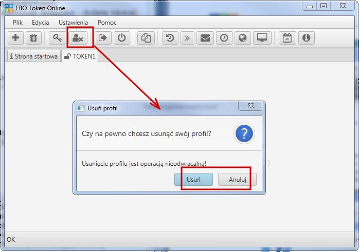 Pojawi się okienko z zapytaniem czy na pewno chcemy usunąć profil i z informacją, że usunięcie profilu jest operacją nieodwracalną.