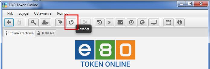5.1.1.6 Zakończ Opcja Zakończ, powoduje zakończenie pracy w aplikacji EBO Token Online. Możemy zakończyć pracę poprzez wejście w Plik» Zakończ jak również bezpośrednio za pomocą ikonki.