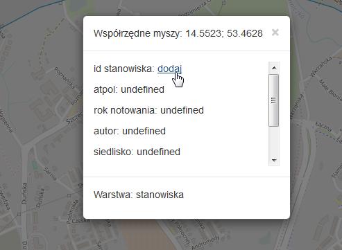 Będąc w terenie można bezpośrednio dodawać punkt stanowiska, poprzez kliknięcie dodaj w oknie. Pole GPS Google uzupełnione zostanie automatycznie.