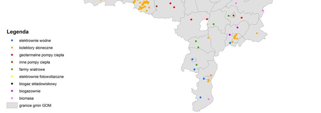 Rysunek 6. Lokalizacja instalacji OZE na obszarze gmin GOM (źródło: opracowanie własne na podstawie: http://www.mapadotacji.gov.pl/, http://gramwzielone.pl/mapa-instalacji-oze/, http://www.reo.