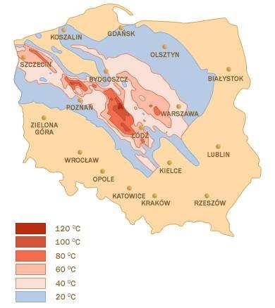 Rysunek 9. Mapa wód geotermalnych i ich temperatur w Polsce (źródło: http://www.mojeopinie.