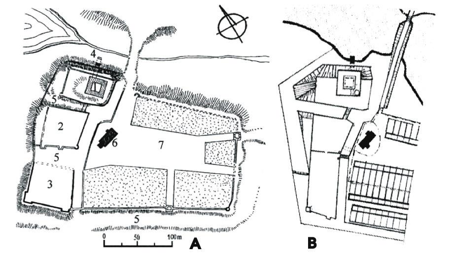 Plan miasta i fortyfikacji miejskich z lokalizacją zamku: A według C. Steinbrechta (1988), B według B.