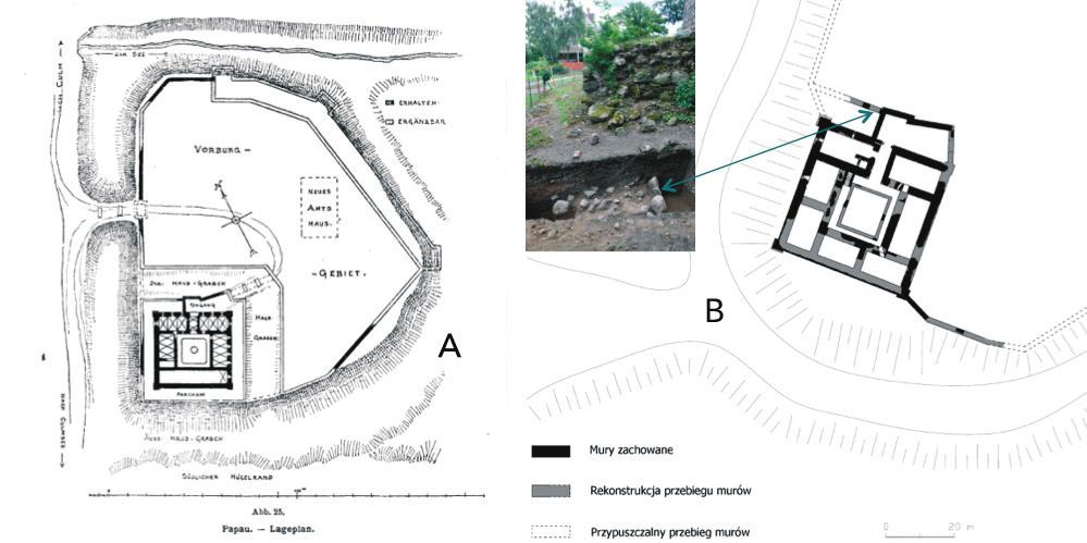 A rzut poziomu i rekonstrukcja zamku według C. Steinbrechta (1888), B odkryte fragmenty muru parchamu i rekonstrukcja planu zamku według B. Wasika (2015a) Fig.