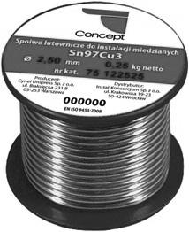 CONCEPT SPOIWA LUTOWNICZE SN97CU3 Stop S-Sn97Cu3 wyprodukowany w pierwszym wytopie cyny i miedzi. Dopuszczalna temp. robocza - 110 C i ciśnienie max. 6 Mpa. Grupa rabatowa C.